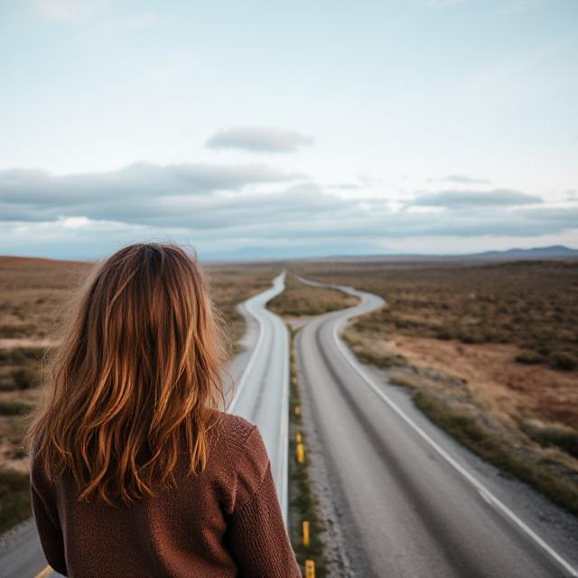Een vrouw staat voor twee wegen die langs elkaar lopen