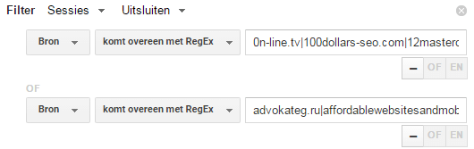 Screenshot met Google Analytics spam segment