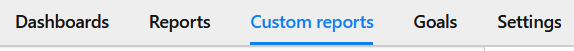 Lijst van vijf tabbladen. Dashboards, Reports, Custom Reports, Goals, Settings. Custom Reports is geselecteerd.