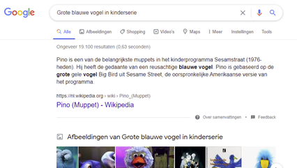 Screenshot van de zoekresultaten in Google voor de zoekopdracht "grote blauwe vogel in kinderserie&rdquo;.