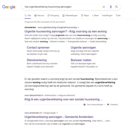 Screenshot van de Google zoekresultaten voor de zoekopdracht "hoe urgentieverklaring huurwoning aanvragen".